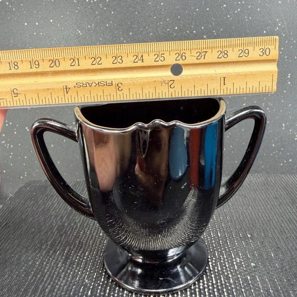 New Martinsville Black Amethyst Glass Creamer and Sugar Bowl Set Scalloped